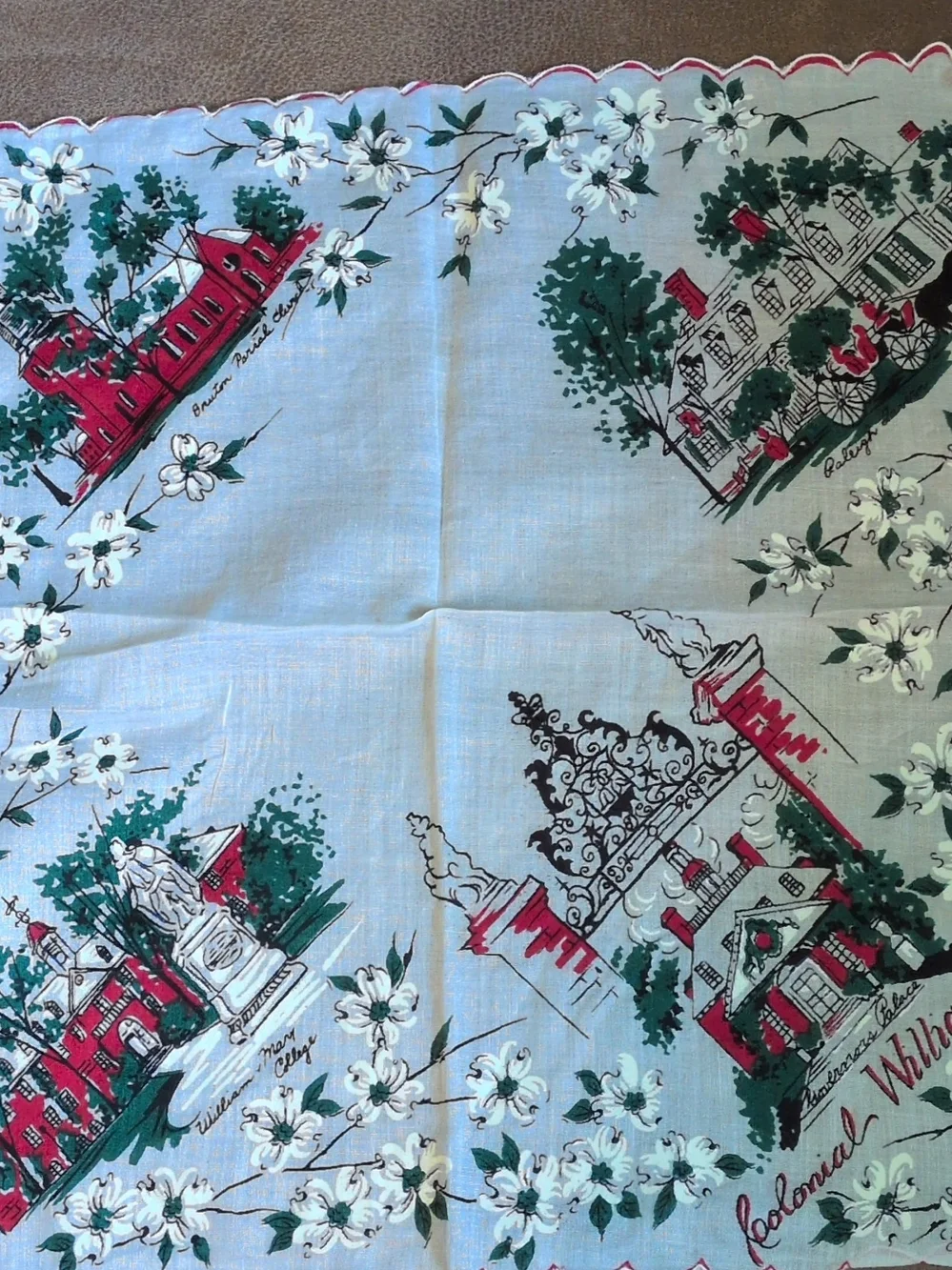 Vintage Colonial Village Scenic Cotton Handkerchief - Blue, Red & Green